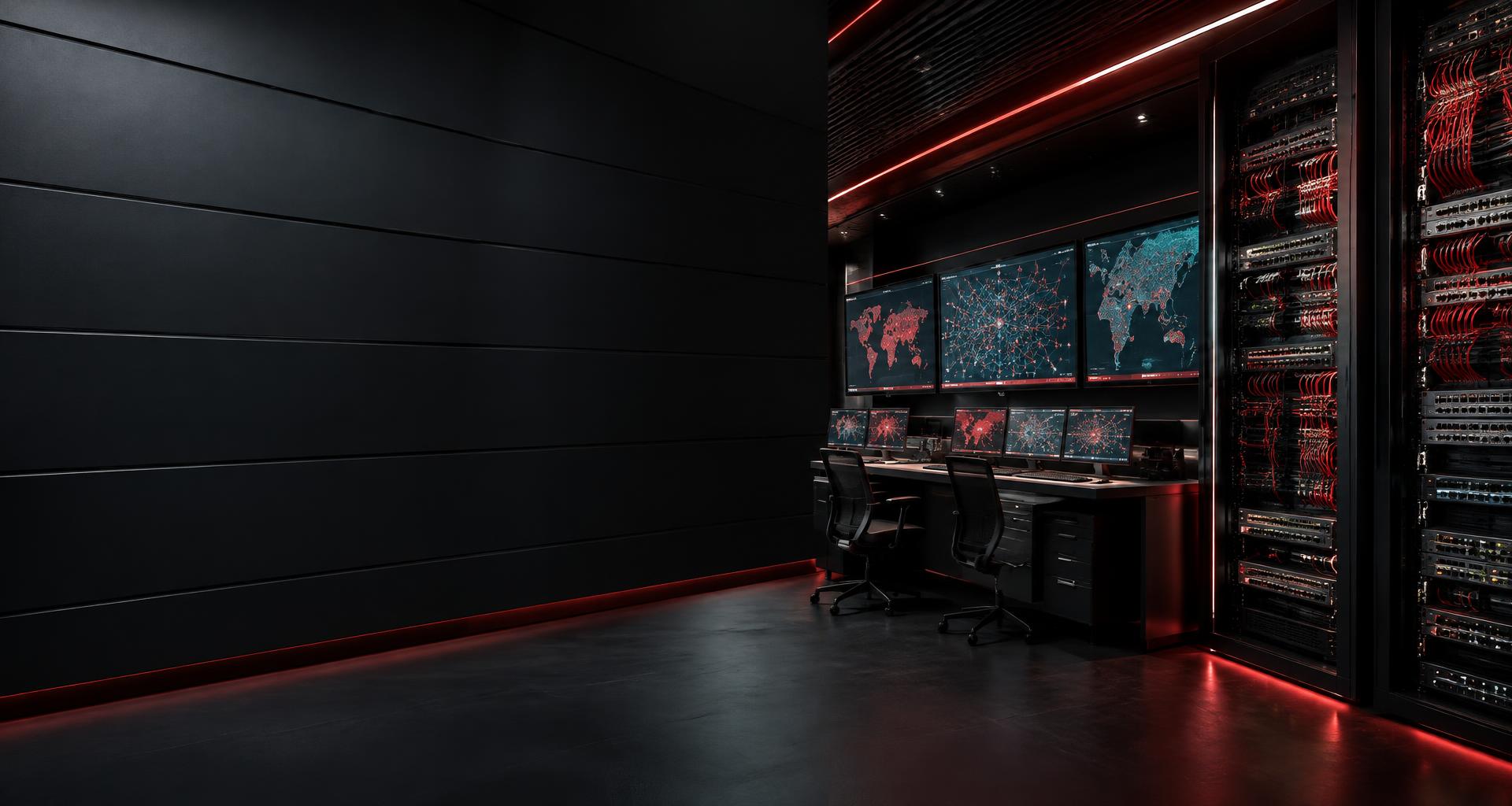 Centro de operações de rede com equipamentos e telas de monitoramento